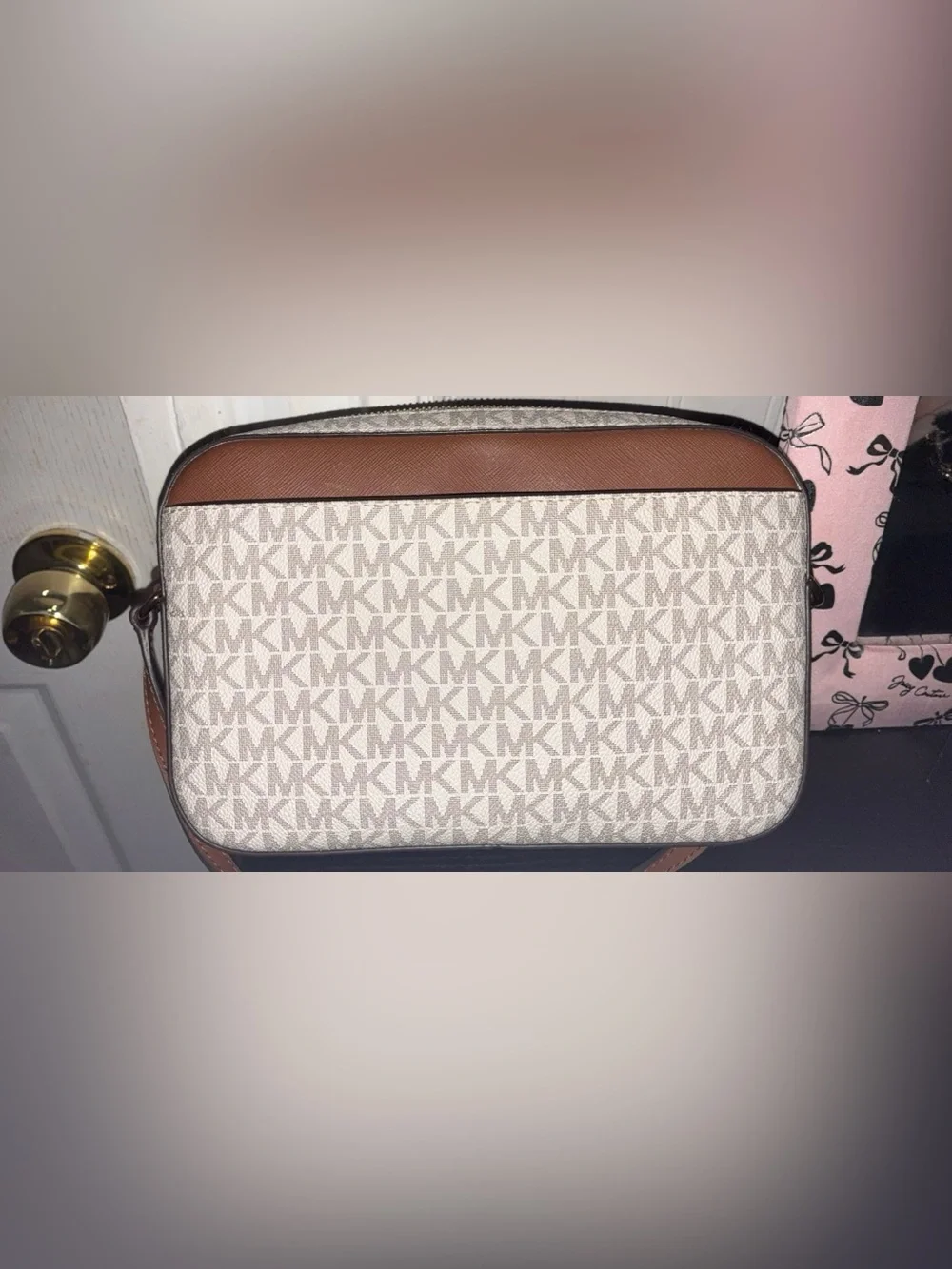 Michael Kors Cream Signature Crossbody with Brown Trim and Gold Chain